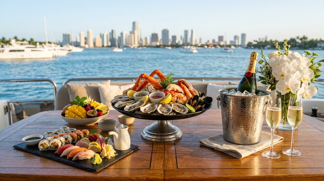 Gourmet seafood and champagne spread on a yacht table