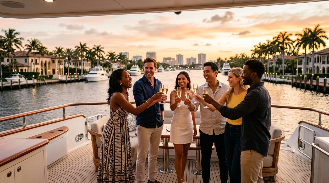 Friends toasting champagne on a yacht at sunset in Fort Lauderdale