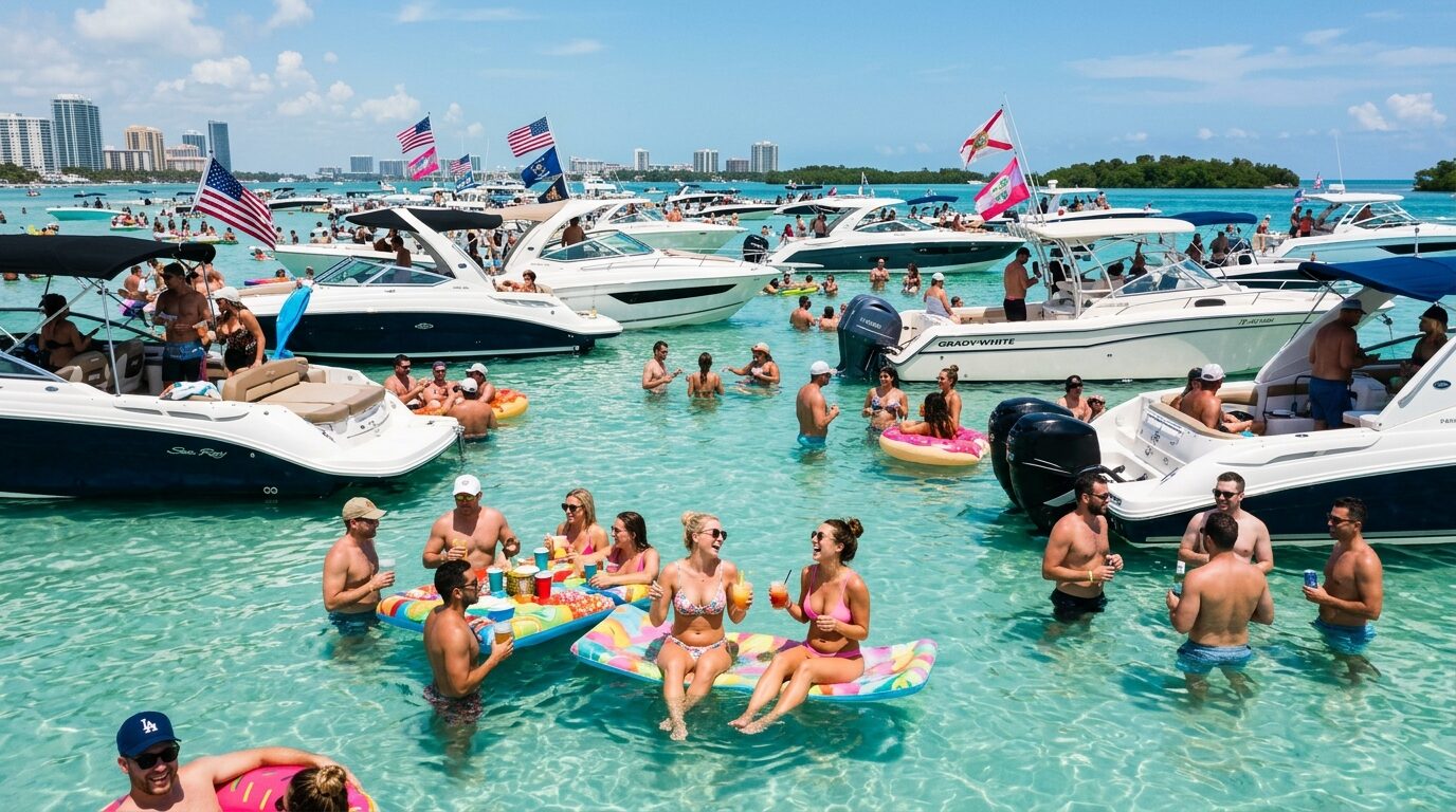 Boats rafted at a busy Miami sandbar