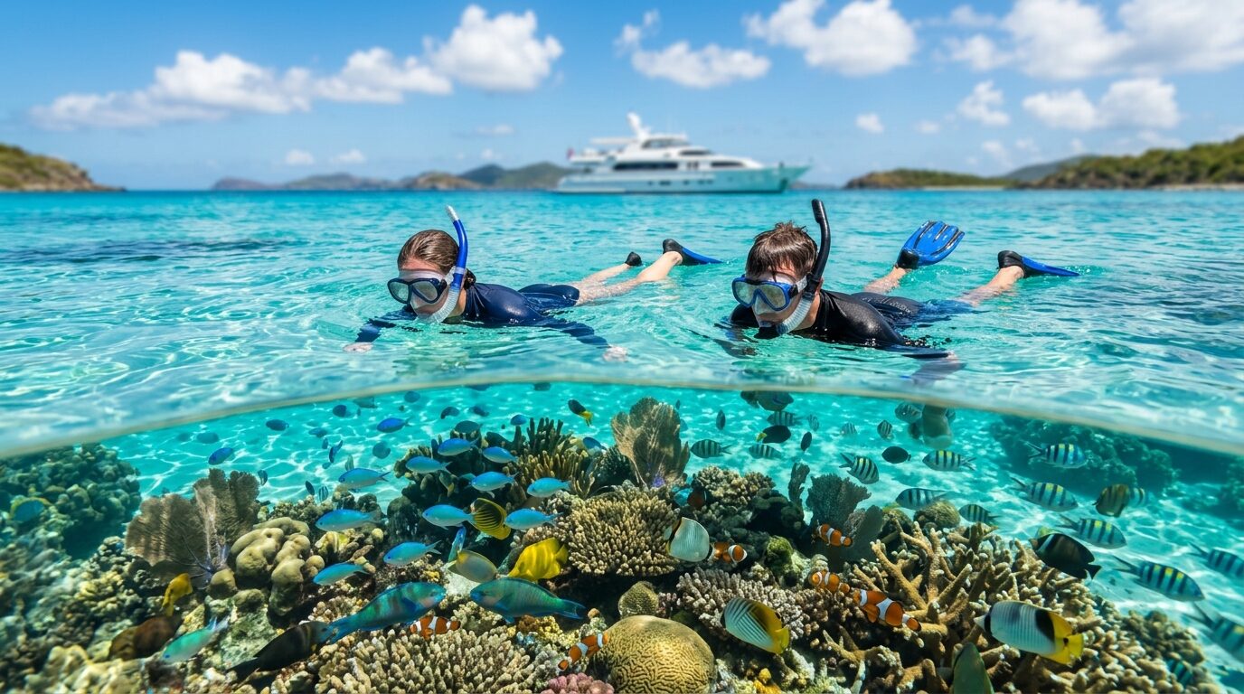 Snorkelers over a reef with a yacht behind