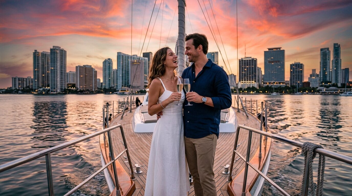 Couple with champagne on a yacht bow at sunset