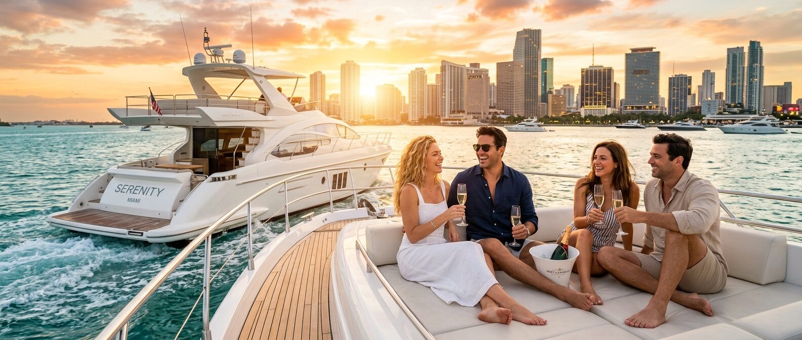 Yacht cruising past the Miami skyline