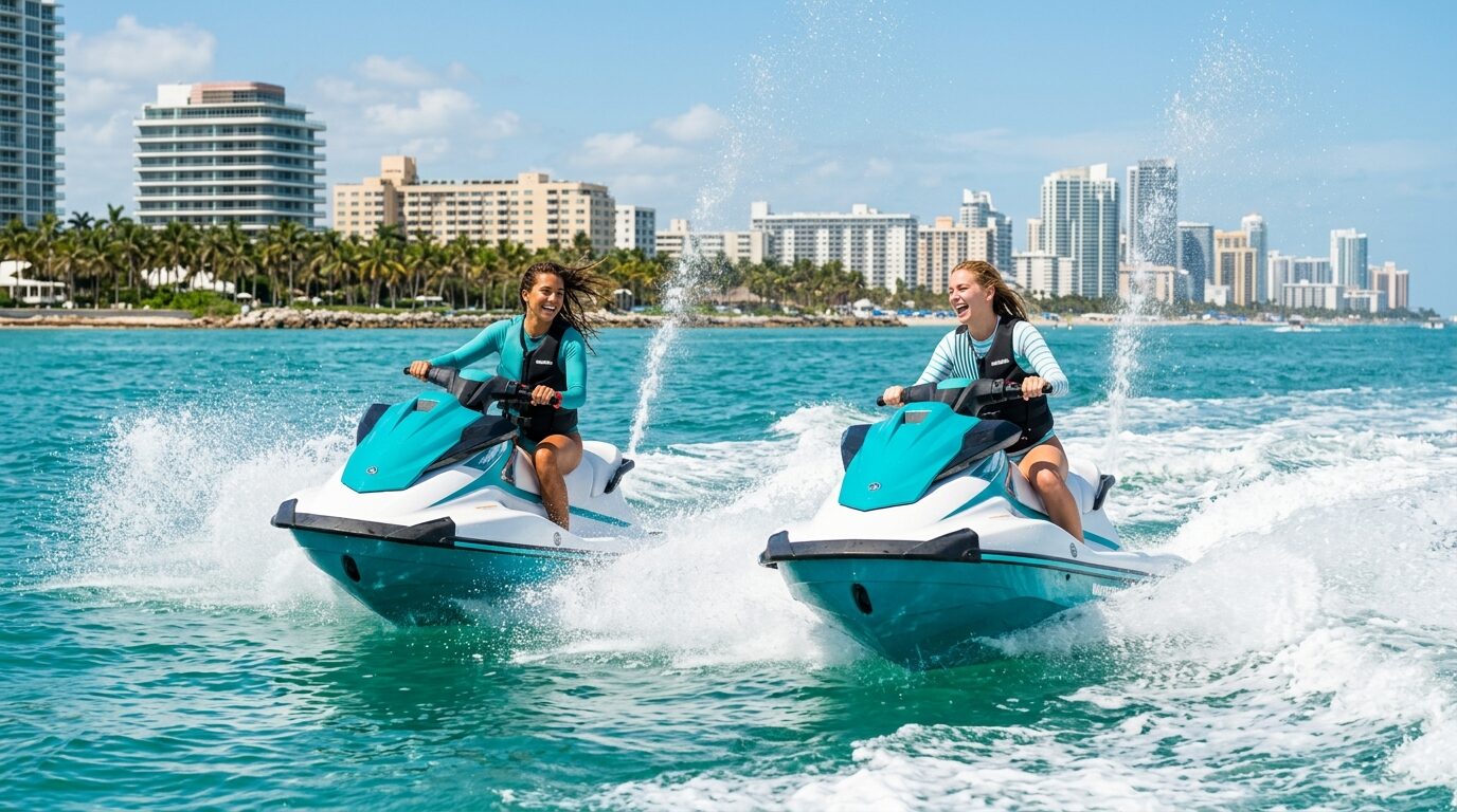 Two riders on jet skis with the Miami Beach skyline behind them